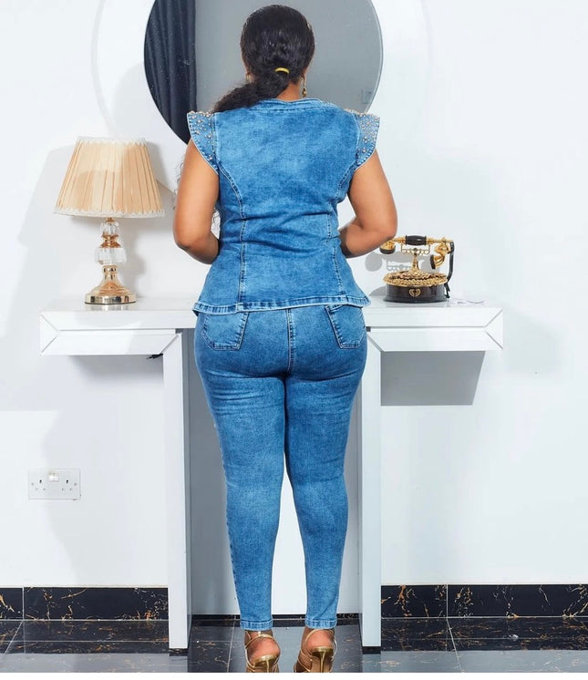 Sleeveless Denim on Denim Rhinestones Stretch Curvy Jeans Birthday Party Outfit, Denim and Diamonds
