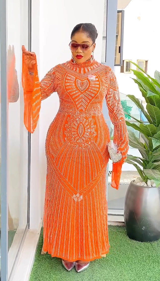 Bell Sleeve Beaded Embellished Maxi Dress