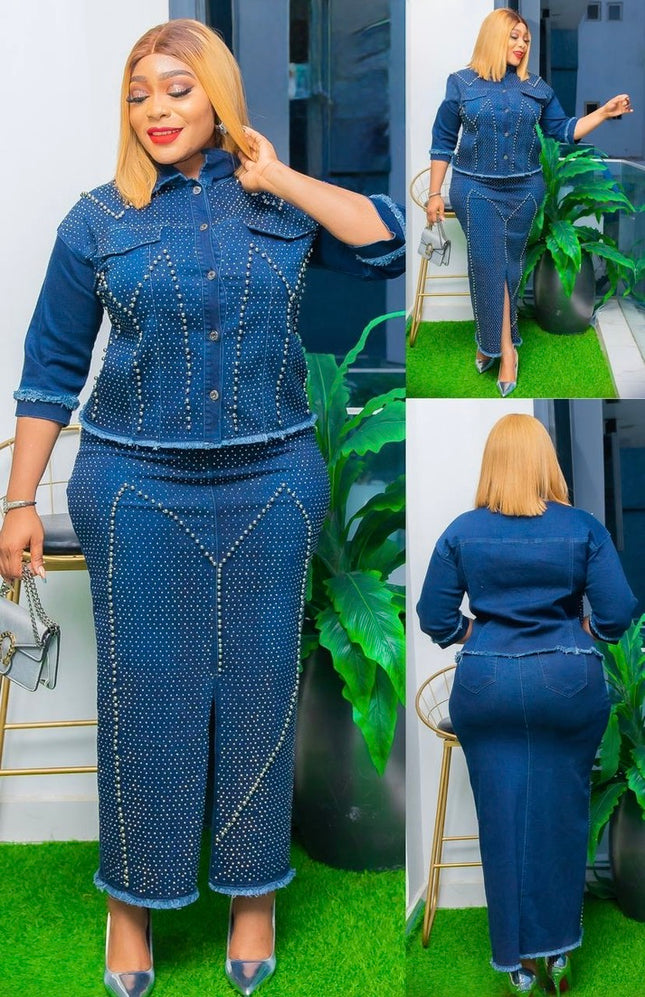Rhinestone Denim Shirt and Skirt Party Outfit, Matching 2 Piece Set, Cotton Stretch Jeans Hot Gyal Curvy Fashion Birthday Ladies Night Date Dance Concert Casual Wear