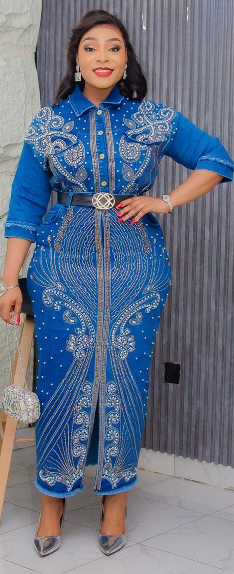 Denim on Denim Embellished Shirt and Skirt Party Outfit, Matching 2 Piece Set, Cotton Stretch Jeans Hot Gyal Curvy Fashion Birthday Ladies Night Date Dance Concert Casual Wear