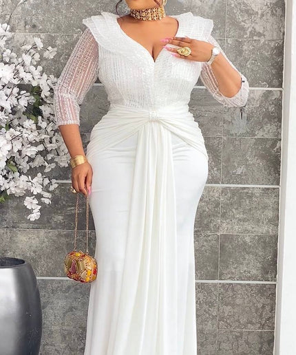 Statement White Sequin Ruched Maxi Dress Draped - Bridal Civil Wedding Guest Photoshoot Birthday Party Reception Engagement