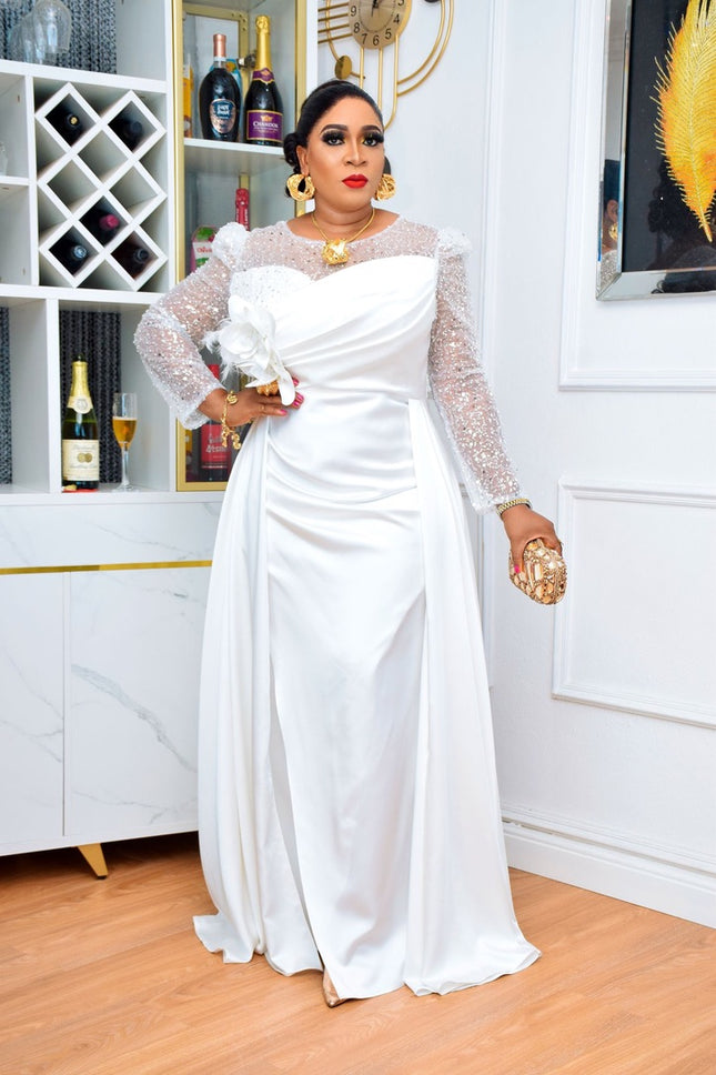 Sequin 3D Flower Overskirt White Evening Gown | Party Wedding Guest Gala Pageant Mother of The Groom