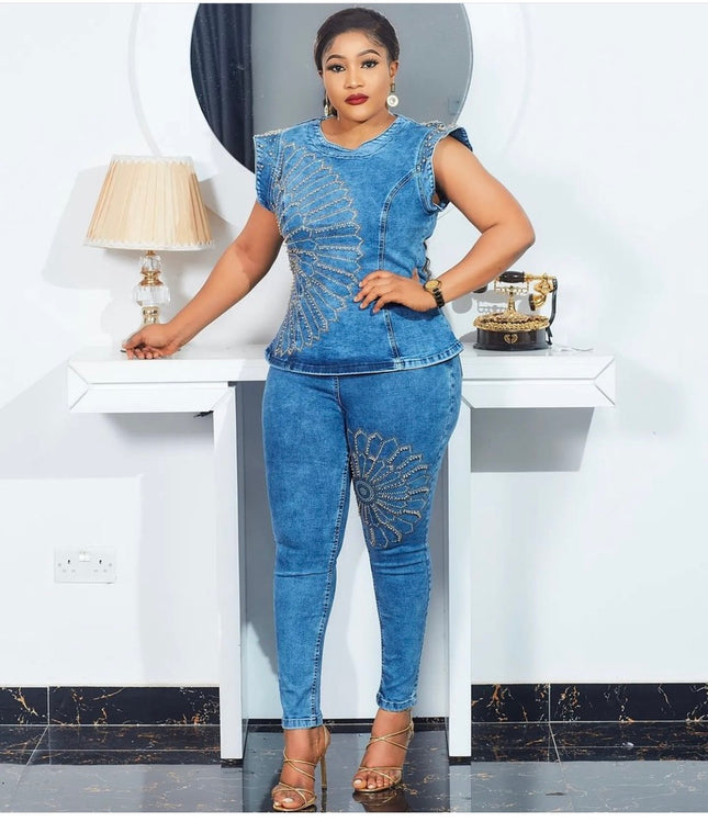 Sleeveless Denim on Denim Rhinestones Stretch Curvy Jeans Birthday Party Outfit, Denim and Diamonds