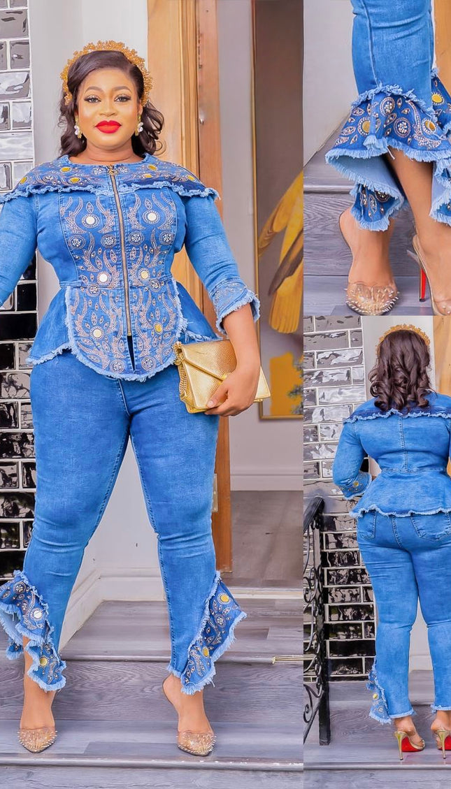 Denim and Diamonds Ruffle Top & Pants Curvy Stretch Jeans Birthday Party Concert Ladies Night Date