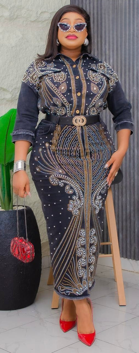 Denim on Denim Embellished Shirt and Skirt Party Outfit, Matching 2 Piece Set, Cotton Stretch Jeans Hot Gyal Curvy Fashion Birthday Ladies Night Date Dance Concert Casual Wear