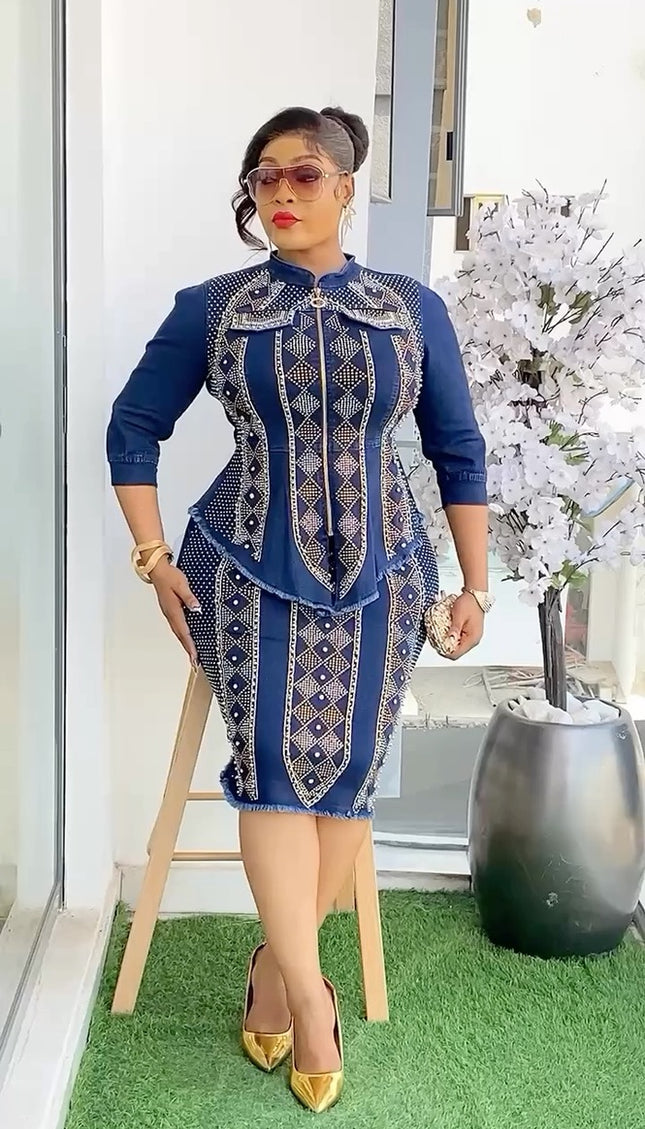 Rhinestone Embellished Stretch Curvy Denim Top and Skirt Set | Party Photoshoot Birthday Graduation