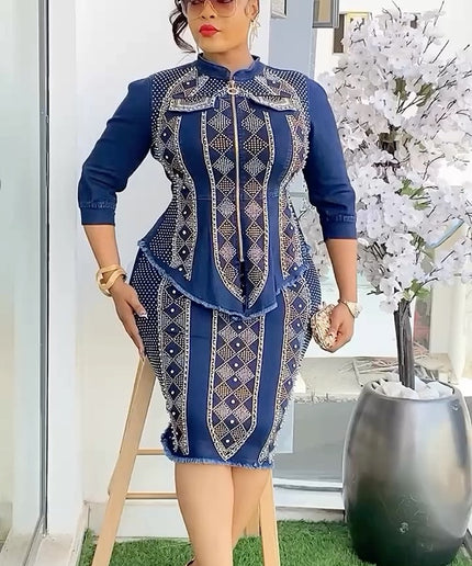Rhinestone Embellished Stretch Curvy Denim Top and Skirt Set | Party Photoshoot Birthday Graduation