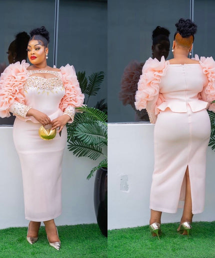 Dramatic Embellished Ruffle Sleeve Wedding Guest Dress, All White Party Outfit, Mother of The Bride
