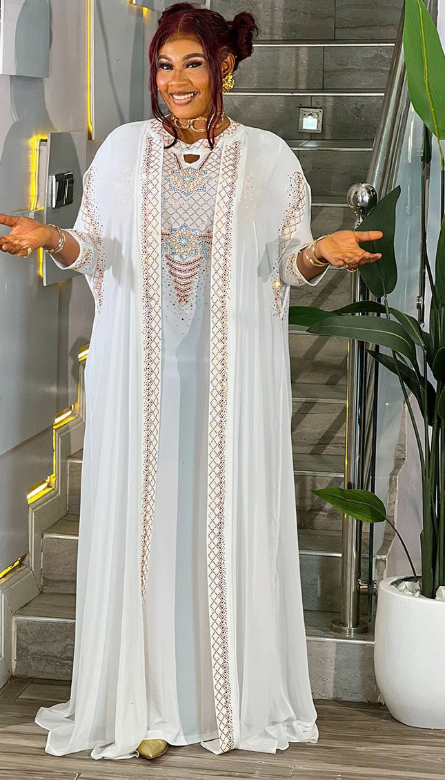 Elegant Crystal-Embellished Kaftan Dress 2-Piece Set, Wedding Guest Birthday Dinner All White Party Outfit