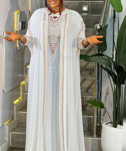 Elegant Crystal-Embellished Kaftan Dress 2-Piece Set, Wedding Guest Birthday Dinner All White Party Outfit