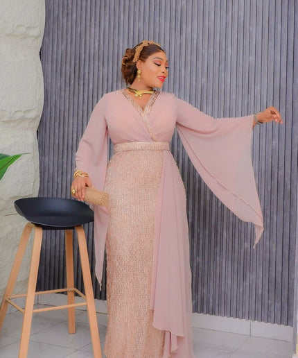 Gold Sequin Draped Maxi Gown | Mother of The Bride Celebration Birthday Party
