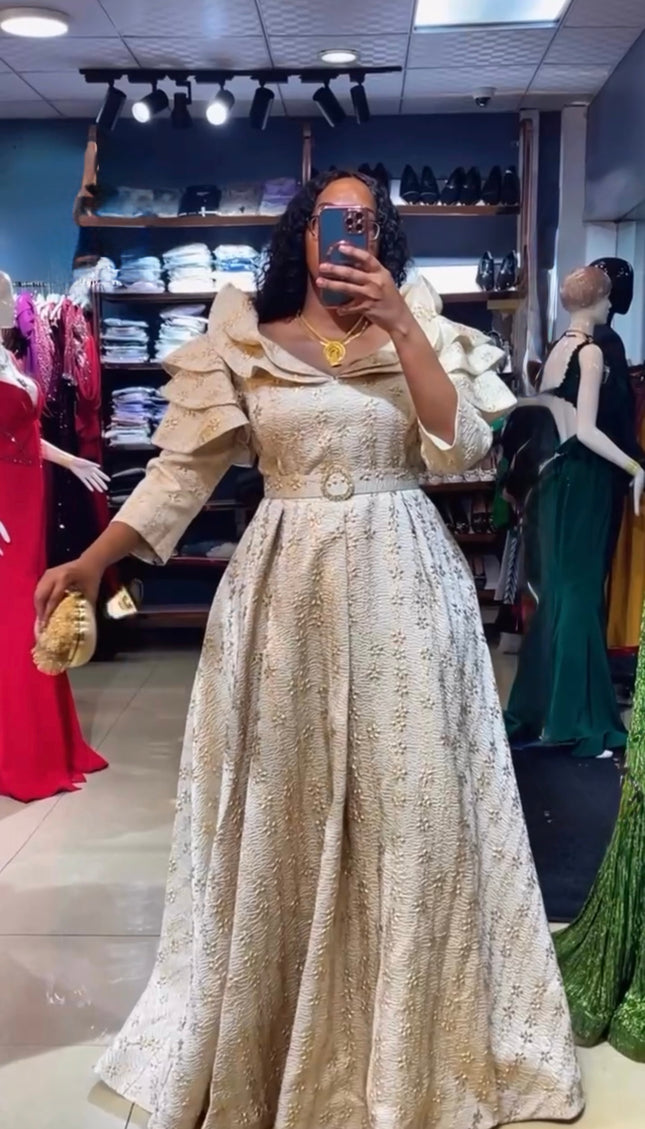 Gold Brocade Wedding Guest Dress Maxi Plus Size Mother of The Bride A-Line Gown Evening Wear Dinner Birthday Photoshoot Celebrant Worthy