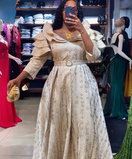 Gold Brocade Wedding Guest Dress Maxi Plus Size Mother of The Bride A-Line Gown Evening Wear Dinner Birthday Photoshoot Celebrant Worthy
