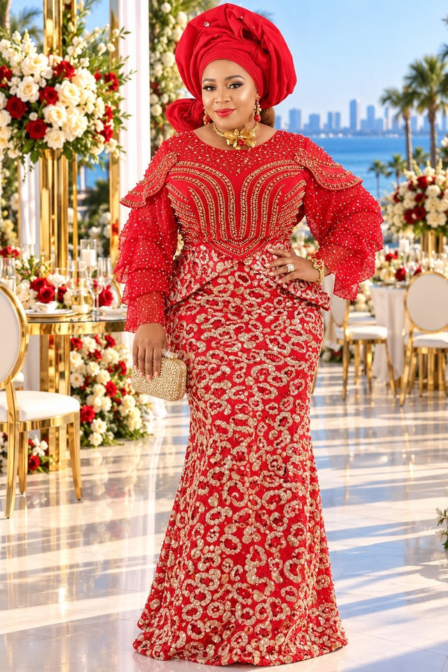 "Holiday Party Dress" Red Sequin Peplum Evening Gown for Wedding Cocktail Reception Mother of The Bride Plus Size