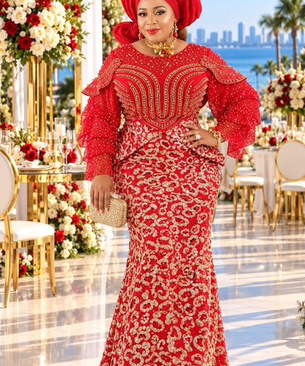 "Holiday Party Dress" Red Sequin Peplum Evening Gown for Wedding Cocktail Reception Mother of The Bride Plus Size