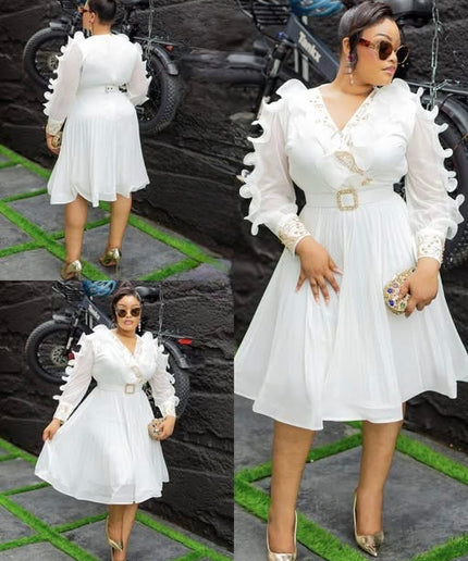 White Dramatic Ruffle Sleeve Rhinestone Embellished Twirl Skater Midi Dress for Wedding Cocktail Birthday Dinner Tea Party Outfit
