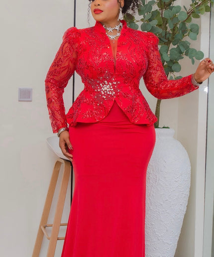 Classy Pink Sequin Peplum 2-Piece Maxi Skirt Set, Formal Evening Gown Floor Length: Summer Wedding Guest Birthday Party Mother of The Bride