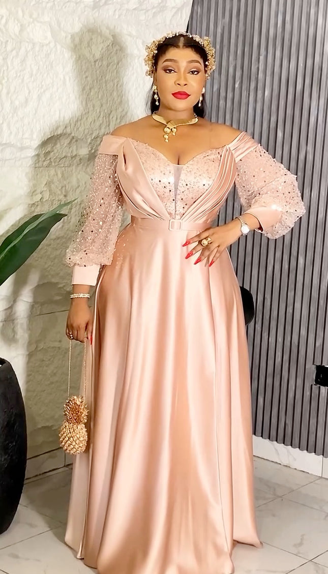 Off-The-Shoulder Sequin A-Line Gown | Party Birthday Bridal Graduation Mother of The Bride Wedding Guest
