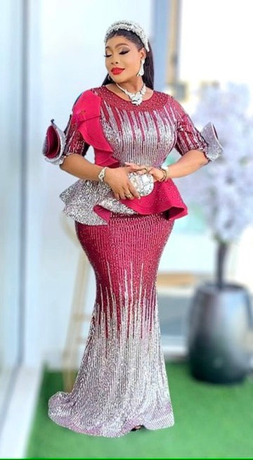 Sequin Party Mermaid Dress Peplum Ruffle Sleeve, Plus Size Mother of The Bride Maxi Gown Long, Cocktail Anniversary Birthday Graduation
