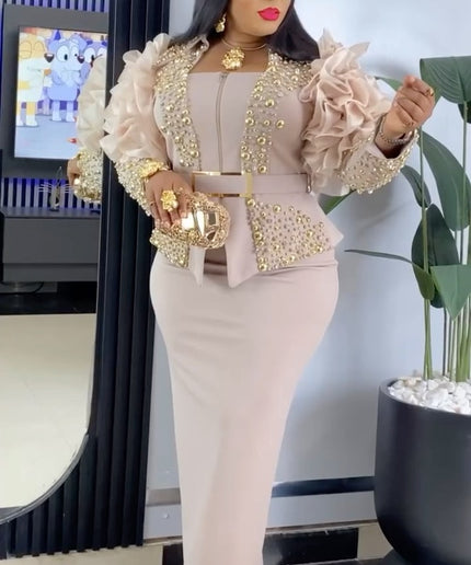 Dramatic Ruffle Sleeve Embellished Top and Skirt