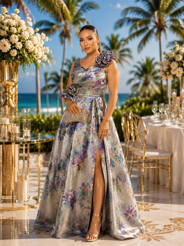 Gold Brocade One-Shoulder Ruffles Maxi Dress with Slit & Pleats Formal Evening Gown Floor-Length Mother of The Bride Wedding Guest Cocktail Birthday Reception