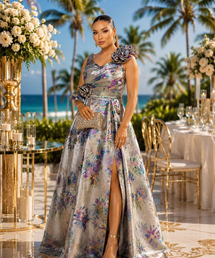 Gold Brocade One-Shoulder Ruffles Maxi Dress with Slit & Pleats Formal Evening Gown Floor-Length Mother of The Bride Wedding Guest Cocktail Birthday Reception