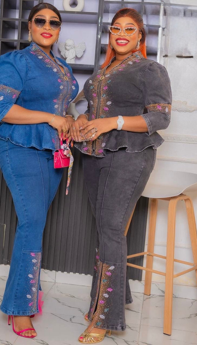 Denim and Diamonds 2 Piece Matching Peplum Top + Wide Pants Birthday Outfit Curvy Plus Size Jeans Party Wear