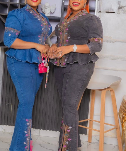 Denim and Diamonds 2 Piece Matching Peplum Top + Wide Pants Birthday Outfit Curvy Plus Size Jeans Party Wear