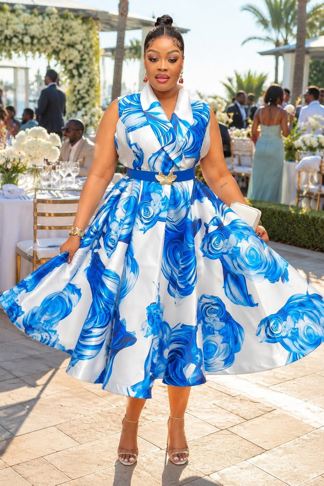 Summer Wedding Guest Dress Blue Floral Sleeveless Twirl Skater Pleated Midi Dress Engagement Ceremony Church Graduation Dinner Birthday Party Cocktail Outfit