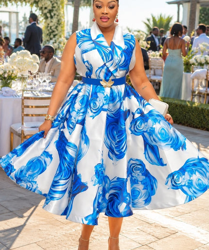 Summer Wedding Guest Dress Blue Floral Sleeveless Twirl Skater Pleated Midi Dress Engagement Ceremony Church Graduation Dinner Birthday Party Cocktail Outfit