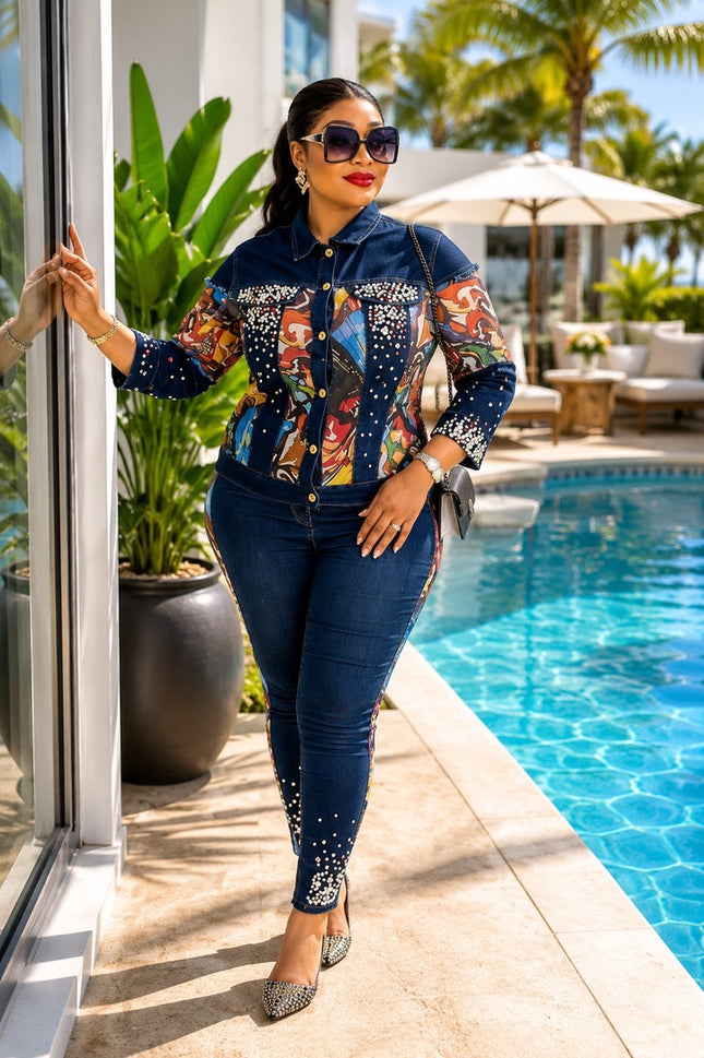 "Best Dressed" Blue Denim & Diamonds Birthday Party Outfit 2-Piece Matching Top & Pants Stretch Jeans Women's Plus Size