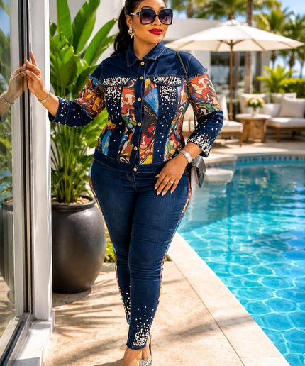 "Best Dressed" Blue Denim & Diamonds Birthday Party Outfit 2-Piece Matching Top & Pants Stretch Jeans Women's Plus Size