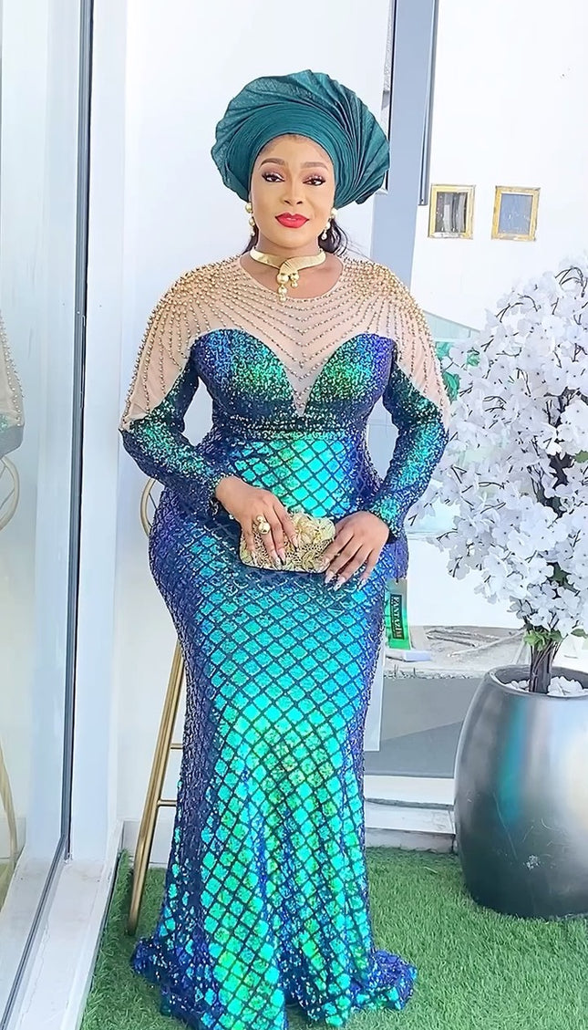 Sequin Peplum Mermaid Dress | Wedding Guest Mother of The Bride Birthday Party Evening Gown