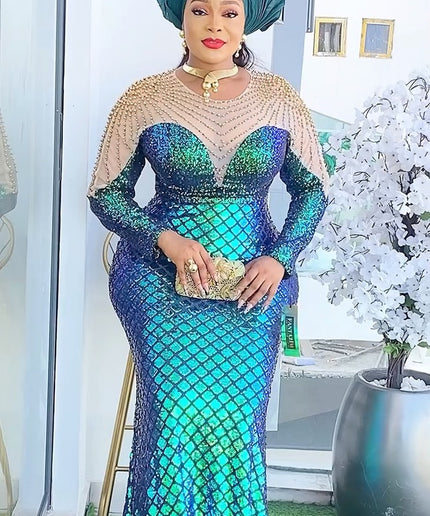 Sequin Peplum Mermaid Dress | Wedding Guest Mother of The Bride Birthday Party Evening Gown