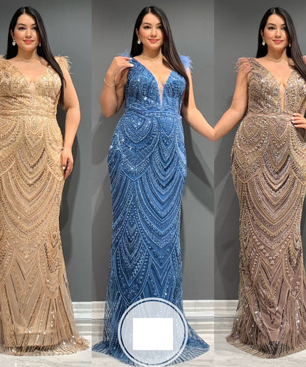 Feather Cap Sleeve Beaded Embellished Maxi Dress