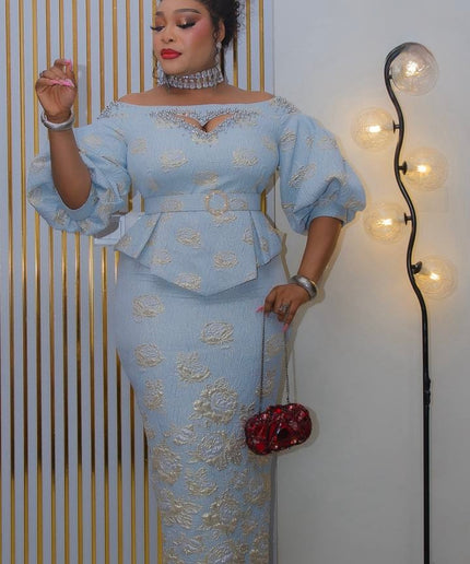 Purple Off-The-Shoulder Embellished Peplum 2-Piece Skirt Set  - Wedding Party Guest Birthday Cocktail Reception Formal Evening Outfit