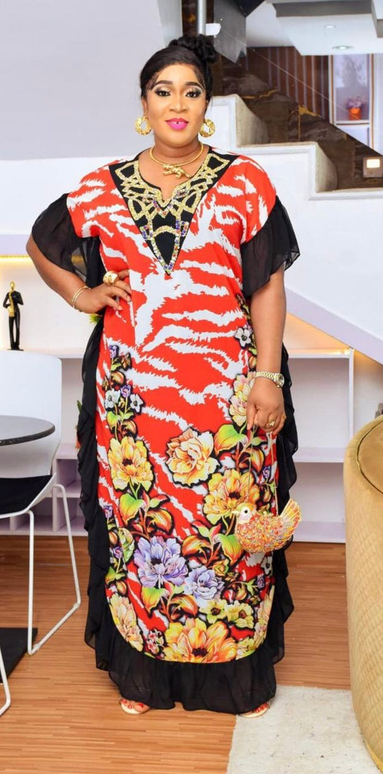 Ruffled Kaftan Maxi Dress with Rhinestones Curvy Plus Size Party Women's Fashion | Baby Shower Birthday Weekend Wear Wedding Guest Reception