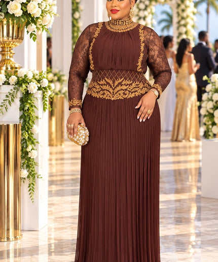 Red Lace and Pleated Maxi Dress with Gold Embroidery Accent for Holiday Cocktail Reception Wedding Guest Birthday Party Outfit