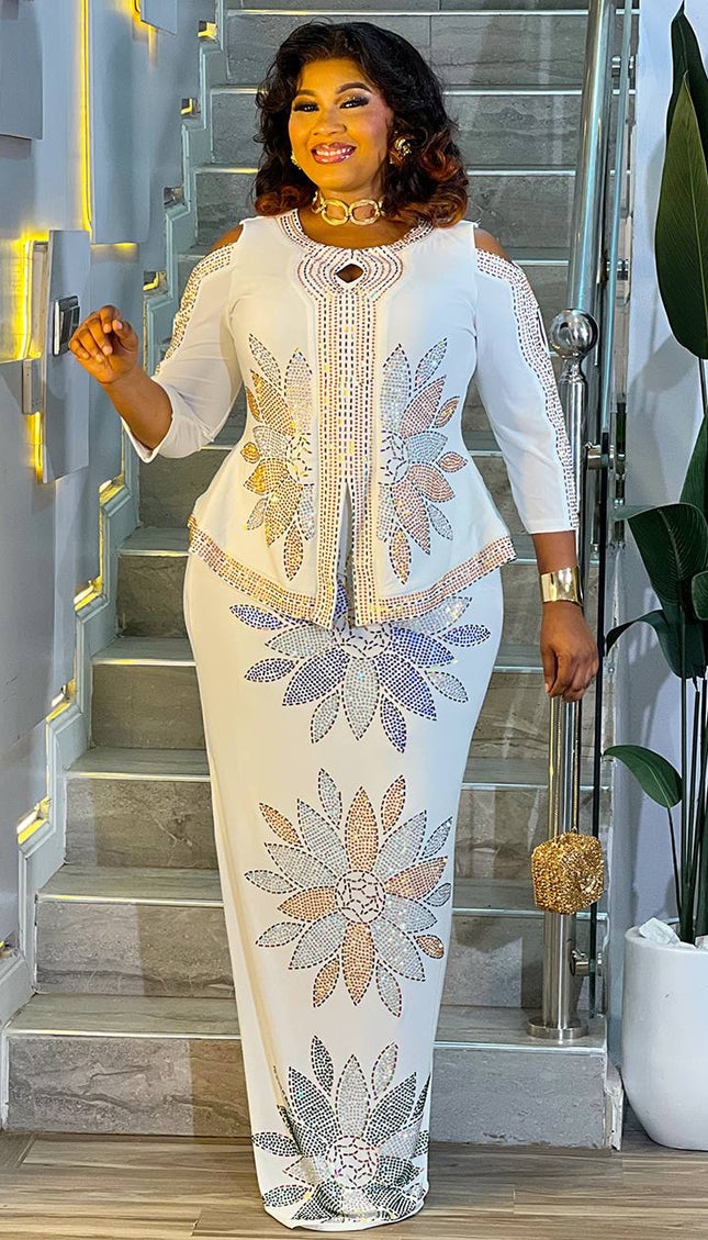 White Rhinestone Embellished Cold Shoulder Peplum Maxi Dress for Engagement Cocktail Party Reception Mother of The Bride Wedding Birthday Photoshoot