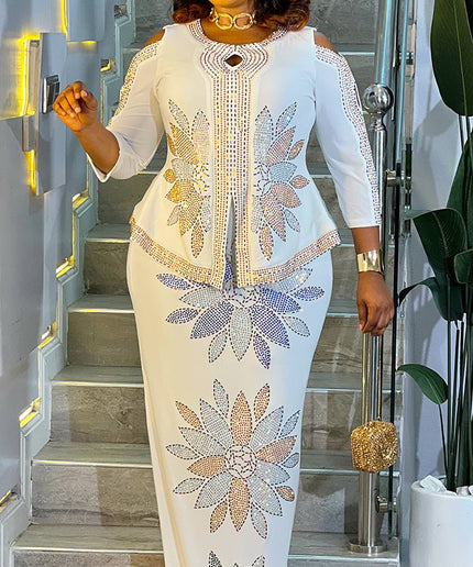 White Rhinestone Embellished Cold Shoulder Peplum Maxi Dress for Engagement Cocktail Party Reception Mother of The Bride Wedding Birthday Photoshoot