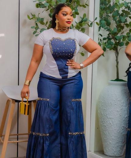 Denim & Diamonds 2 Piece Outfit, Women’s T-Shirt and Maxi Skirt Set, Casual Glam Birthday Outfit, Trendy Matching Set