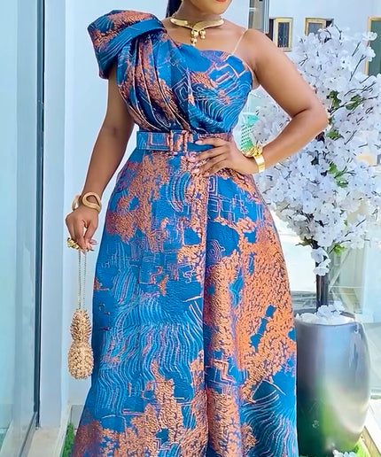 Black and Gold Brocade Plus Size Mother of The Bride One Shoulder A-Line Gown, Summer Wedding Guest Maxi Dress Front Slit, Cocktail Gala Party