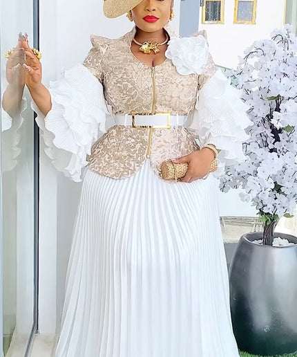 Ruffle Sleeve Pleated A-Line Gown | Mother of The Bride Wedding Guest Birthday Party