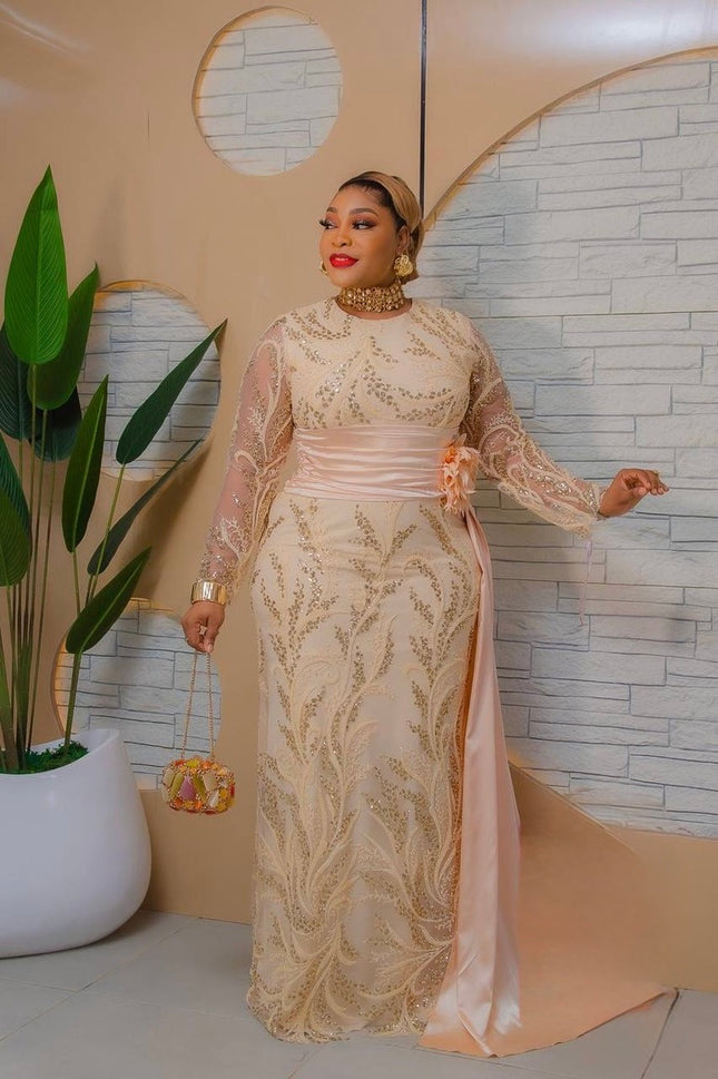 Gold Sequin Embellished Draped Dress, Formal Evening Wear, Wedding Guest Attire Mother of The Bride