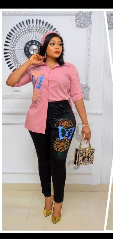 Pink Embellished Stretch 2-Piece Outfit Top & Pants Casual Party Wear