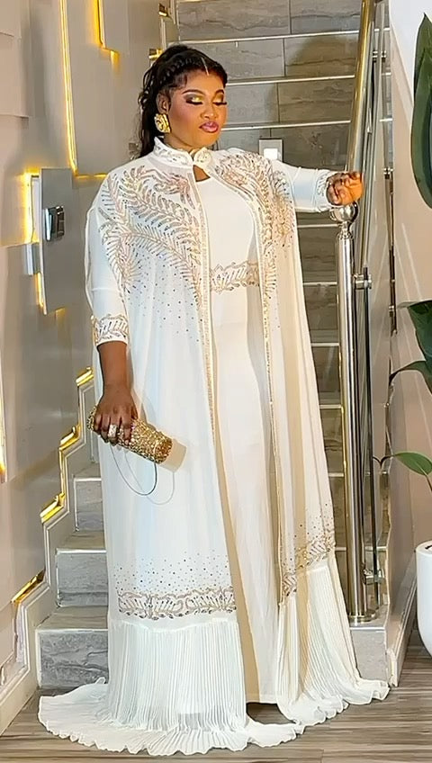 White Kaftan 2-Piece Rhinestone Dress for Wedding Guest Cocktail Mother of The Bride Engagement Ceremony