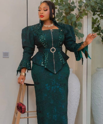 Black Brocade Dramatic Power Shoulder Sequin Top & Skirt 2-Piece Outfit, Mother of The Bride Birthday Photoshoot Gala Anniversary