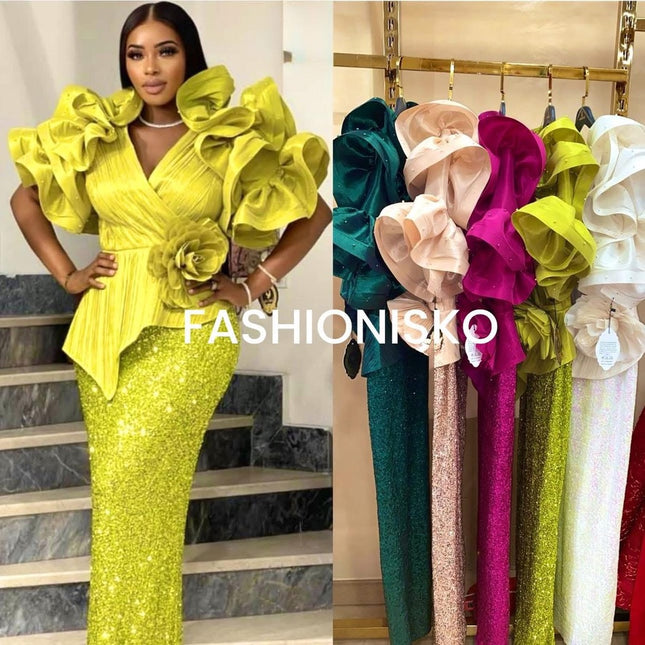 Dramatic Ruffle Sleeve Sequin Maxi Dress | Wedding Guest Look Birthday Party Mother of The Bride