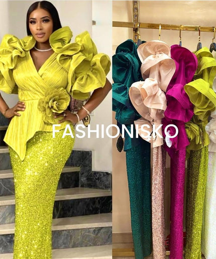 Dramatic Ruffle Sleeve Sequin Maxi Dress | Wedding Guest Look Birthday Party Mother of The Bride