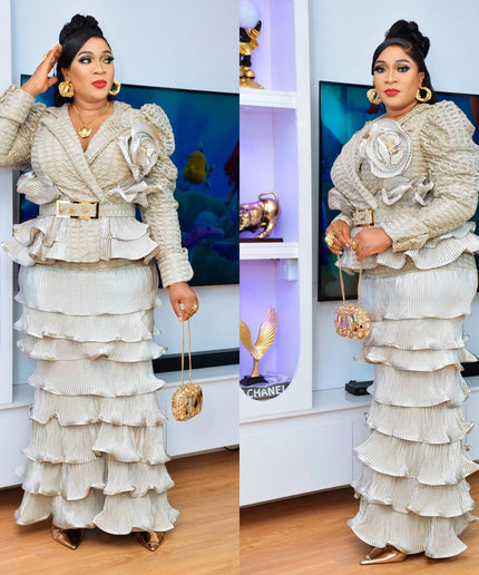 White Embellished Wedding Guest Dress Pleated Waterfall Ruffles, Birthday Party Celebrant Photoshoot, Mother of The Bride Mermaid Gown